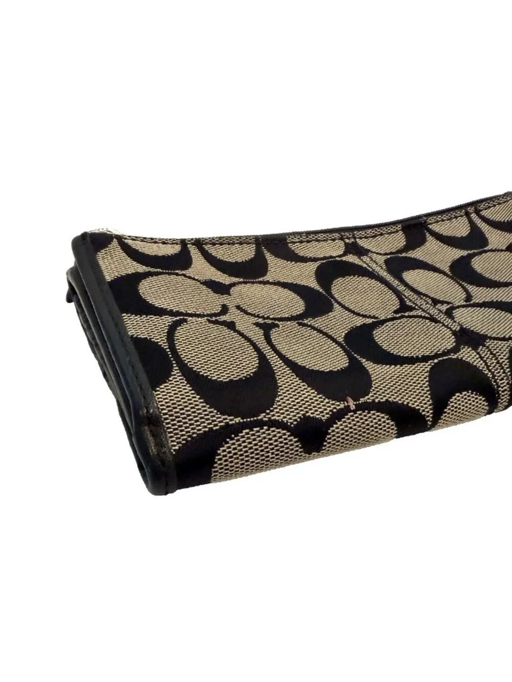 Coach Signature‎ C Monogram Tan  Brown Leather Trim Trifold Wallet
